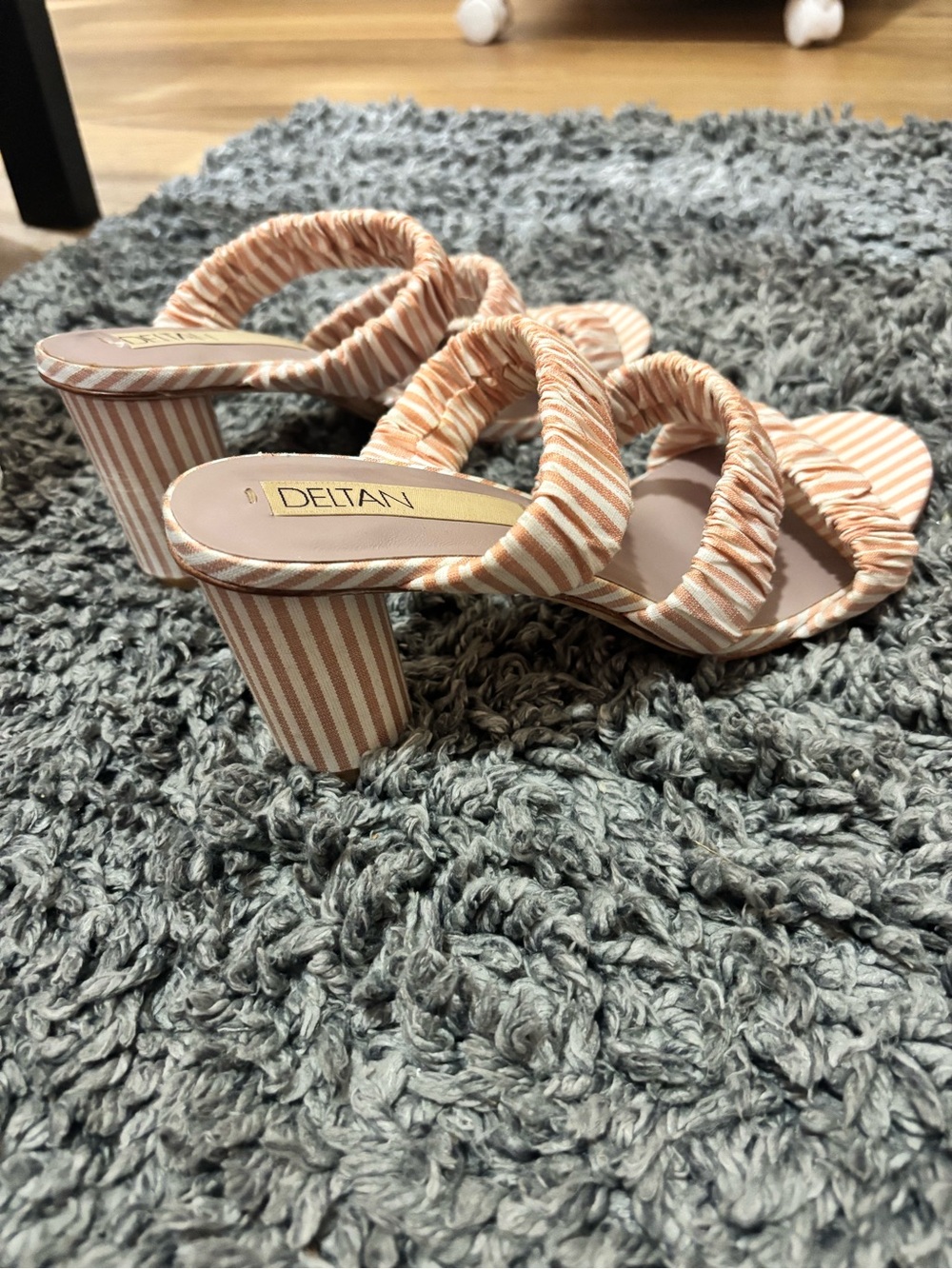 Delta Peach-Striped Ruched Block Heel Sandals
